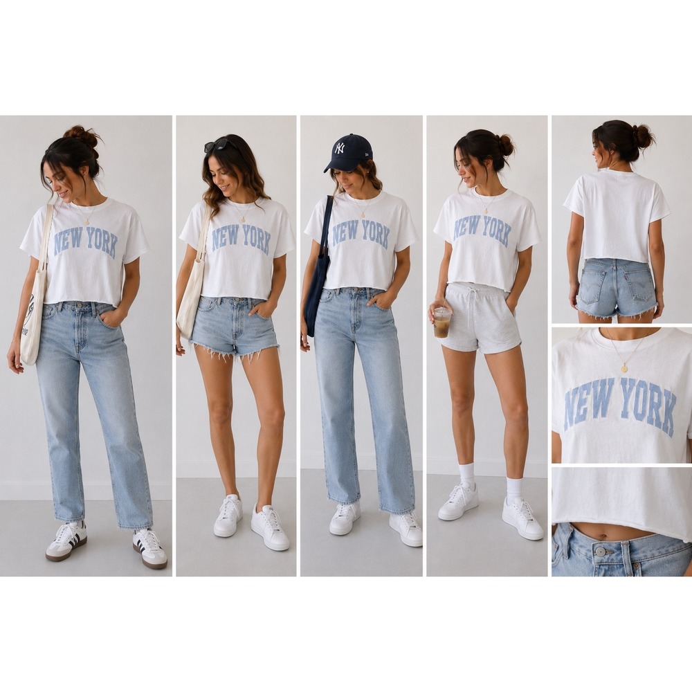 Brandy Melville New York Crop Top Womens OS White Cotton Raw Hem Graphic Tee